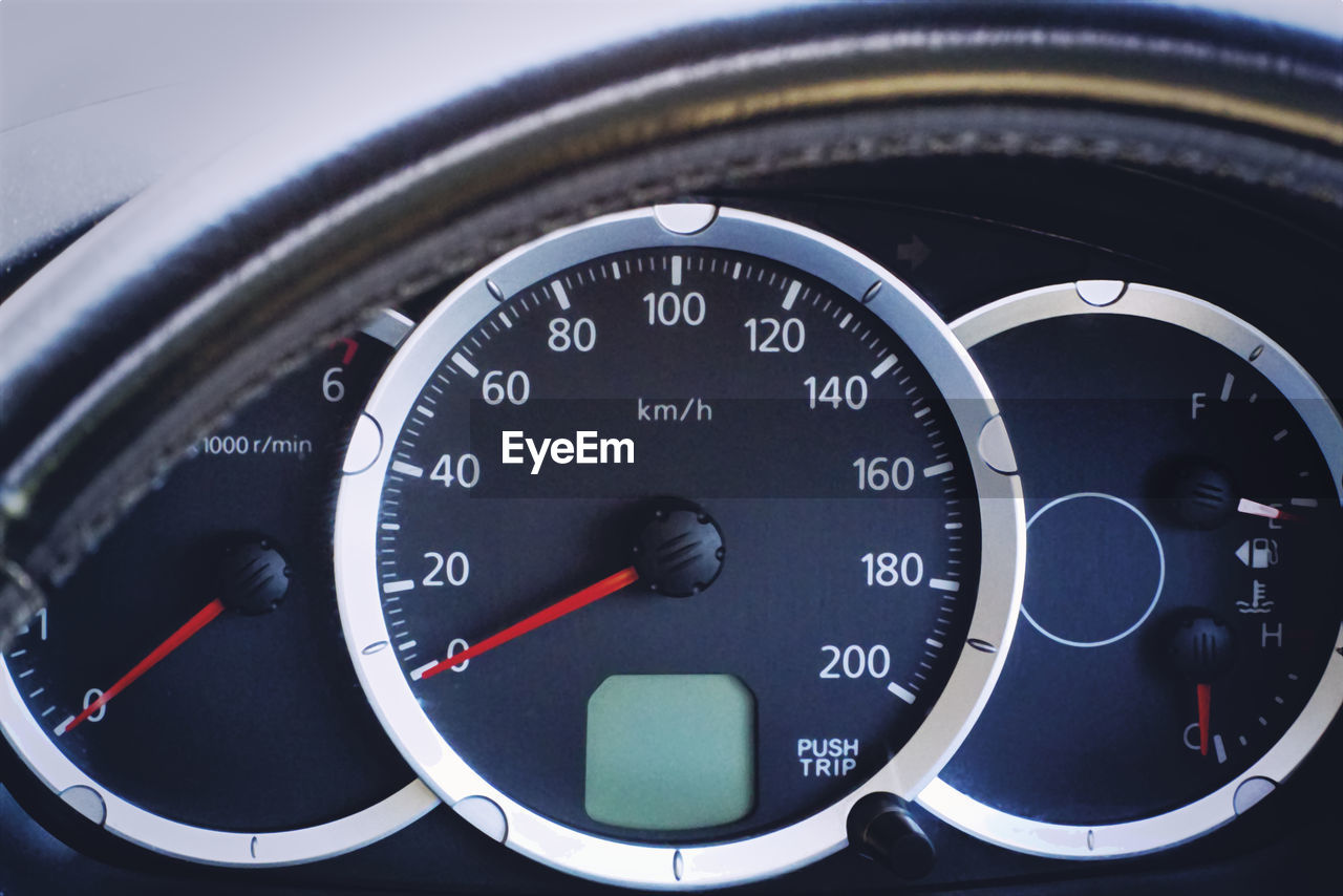 Close-up of speedometer in car