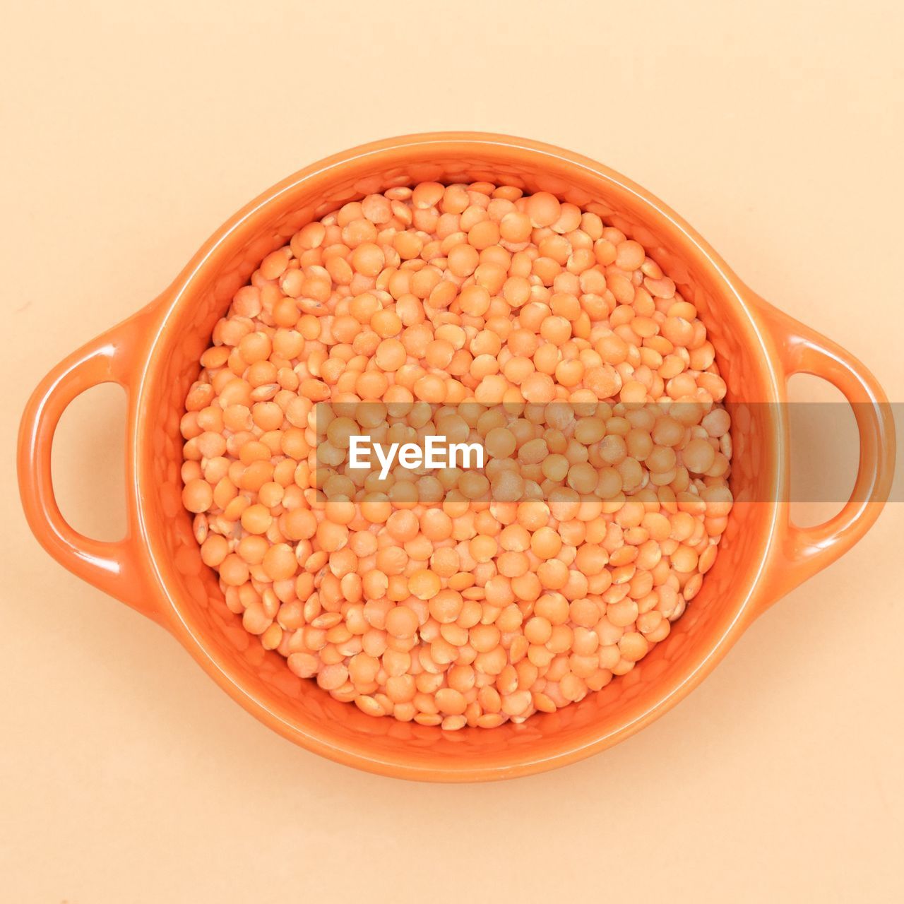 High angle view of lentils in bowl on table