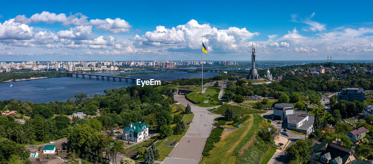 Aerial view of the mother motherland monument in kiev.