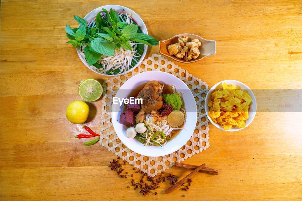 directly above shot of food served on table