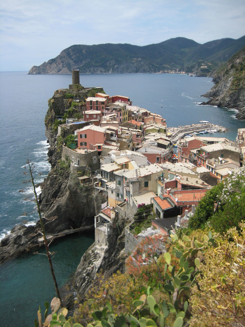 High angle view of buildings on mountain by sea