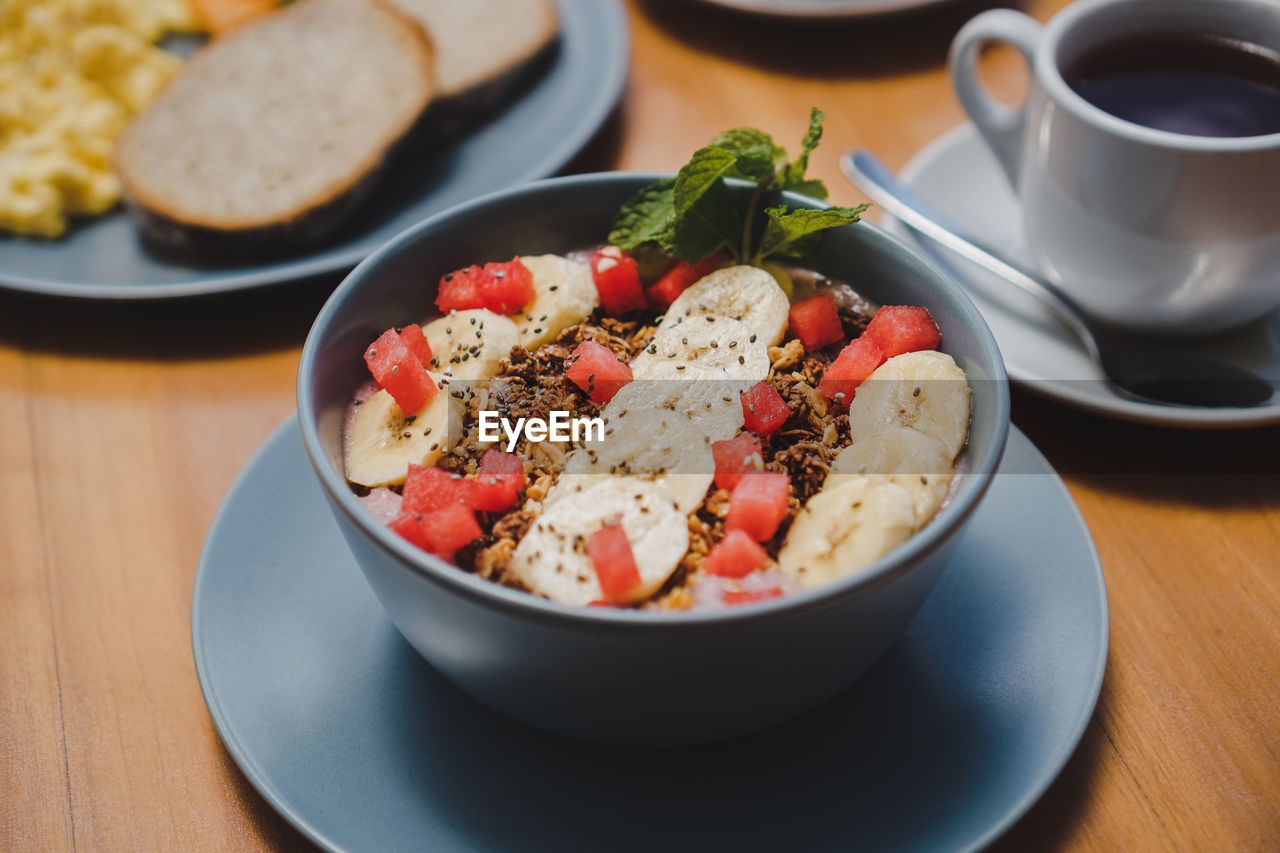 Close-up of breakfast served on table