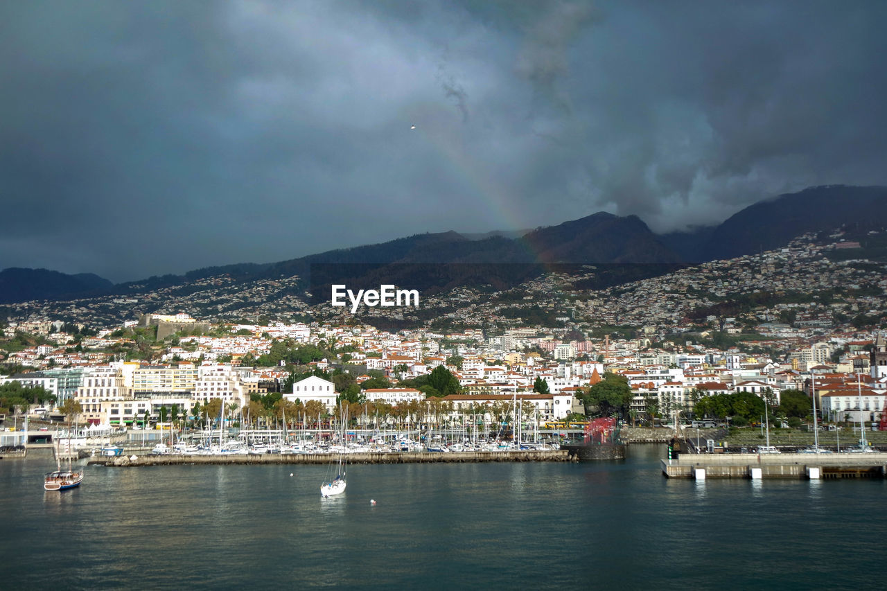 Aerial view of townscape by river against sky