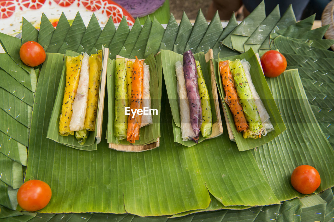 HIGH ANGLE VIEW OF FRUITS ON LEAVES