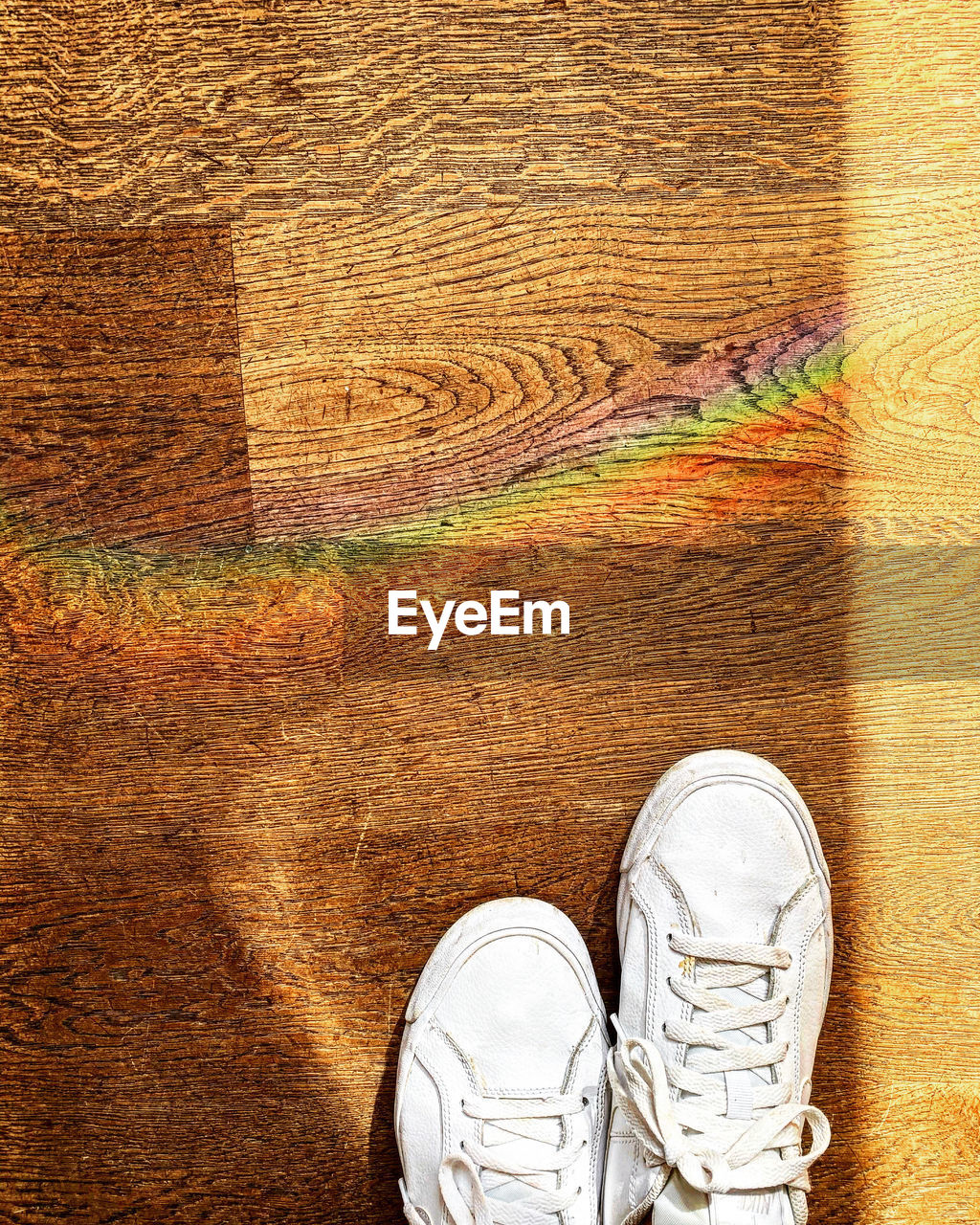 High angle view of shoes on wooden floor