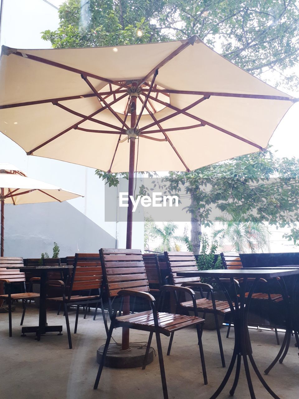 EMPTY CHAIRS AND TABLES IN RESTAURANT AGAINST TREES