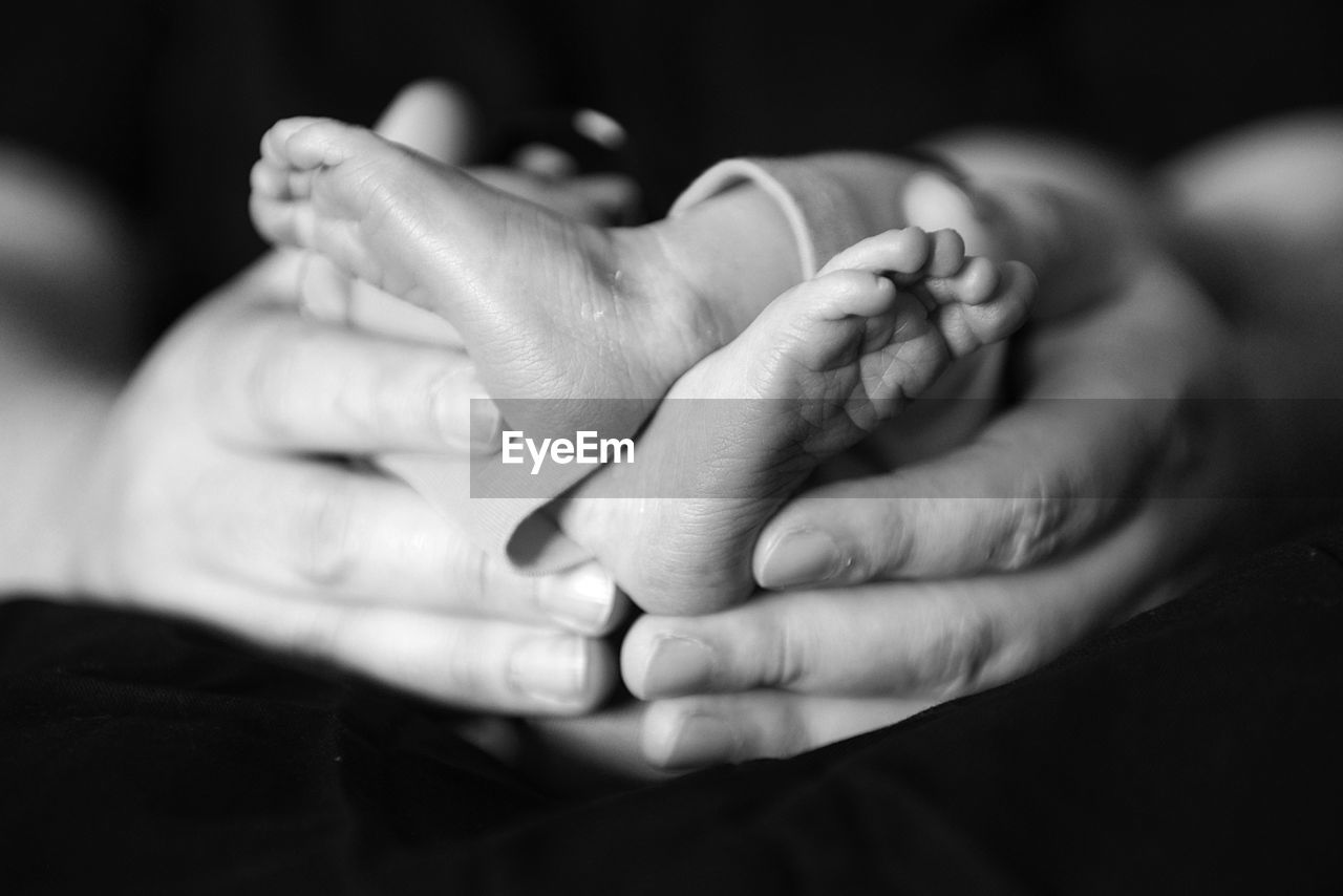 Close-up of hands holding baby's feet