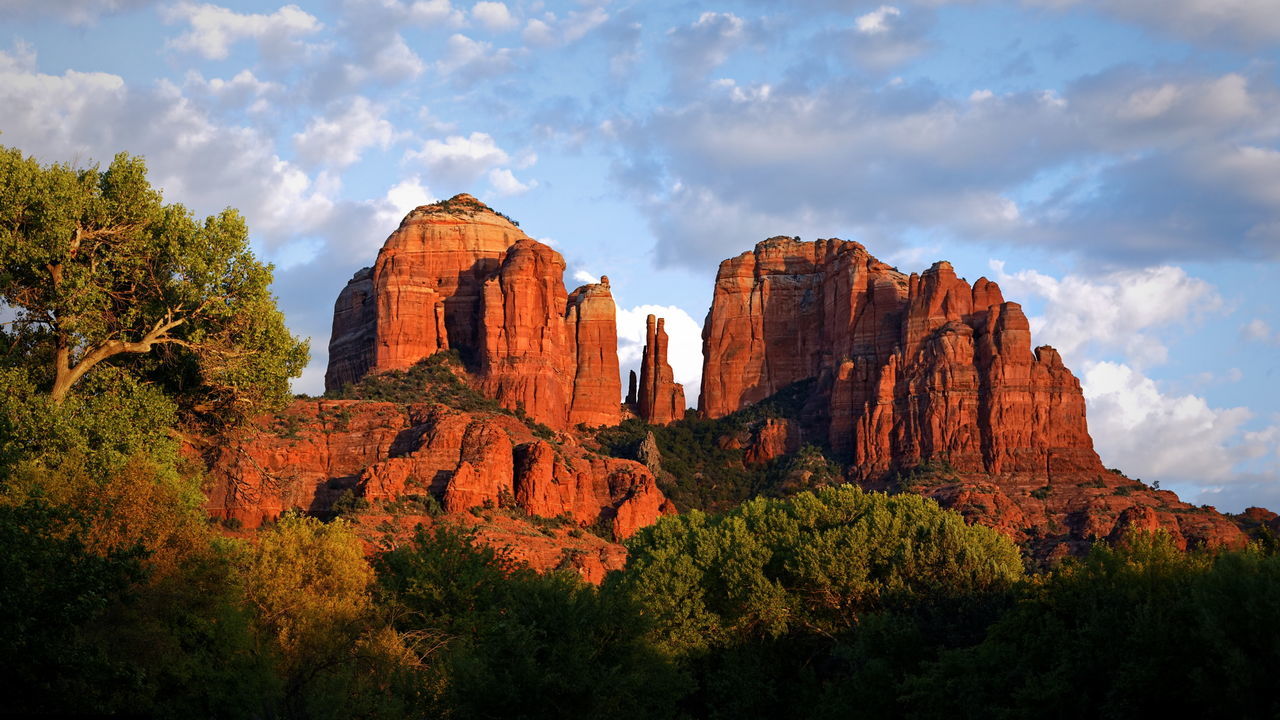 Scenic view of cathedral rock against sky