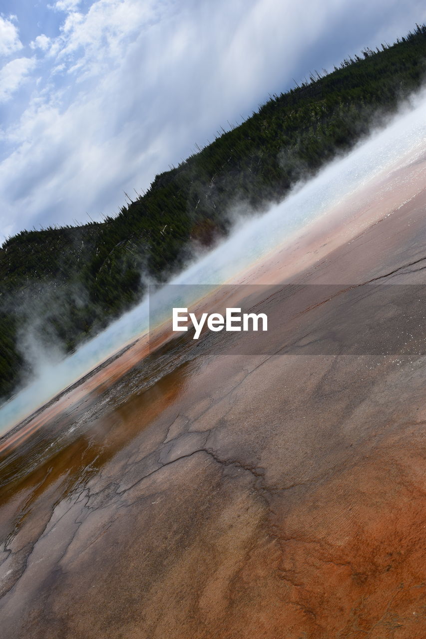 Scenic view of boiling spring against sky