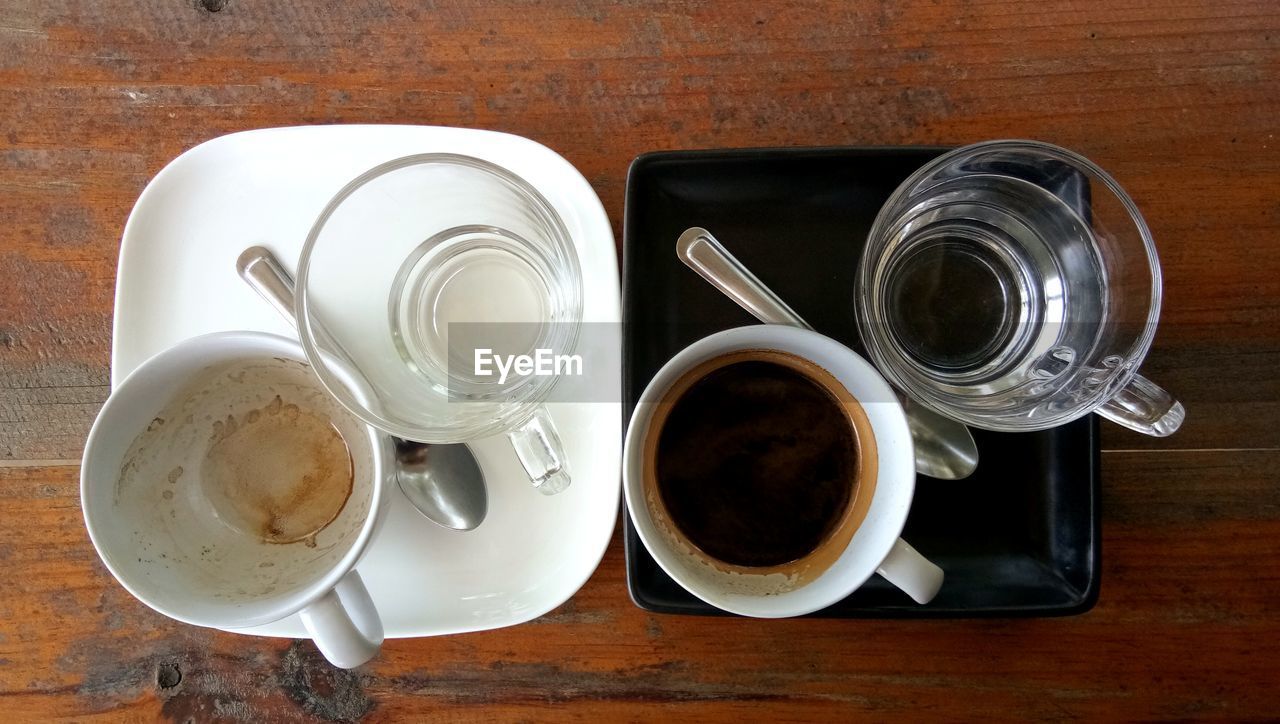 HIGH ANGLE VIEW OF COFFEE AND CUP ON TABLE