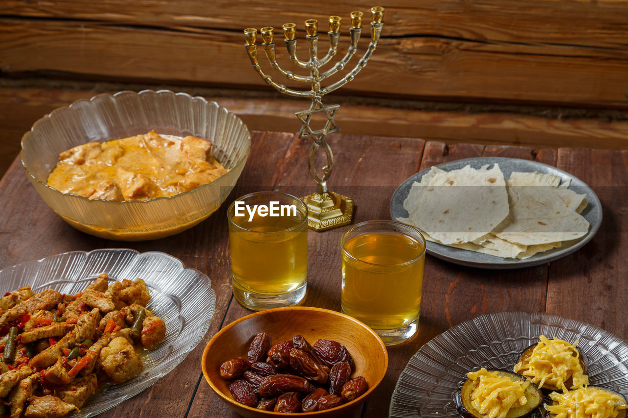 high angle view of food served on table