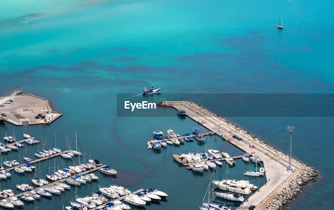 High angle view of boats sailing in sea