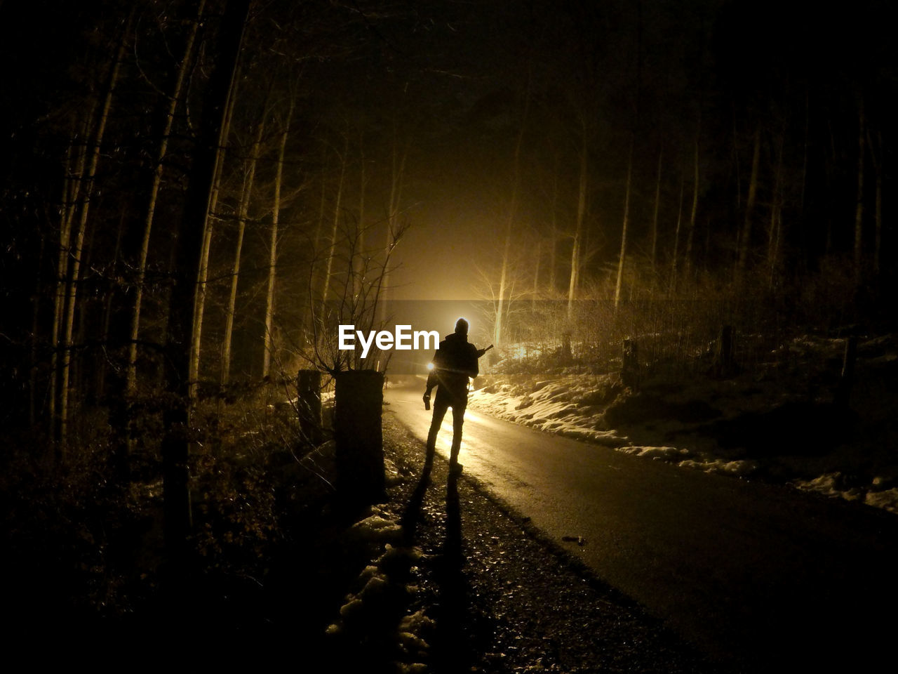 Silhouette man standing on roadside in forest during winter at night