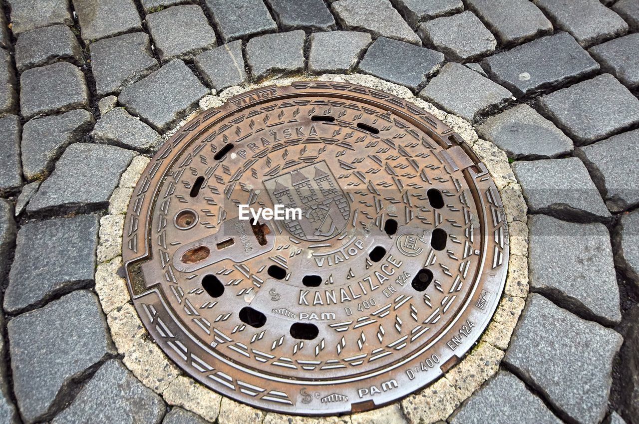 HIGH ANGLE VIEW OF MANHOLE ON FOOTPATH