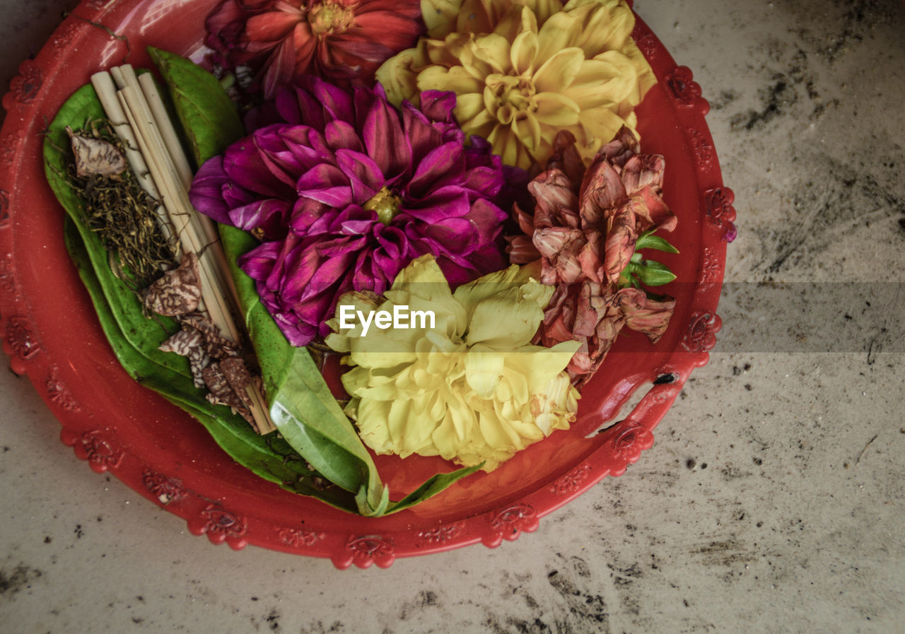 CLOSE-UP HIGH ANGLE VIEW OF FLOWERS IN BOWL