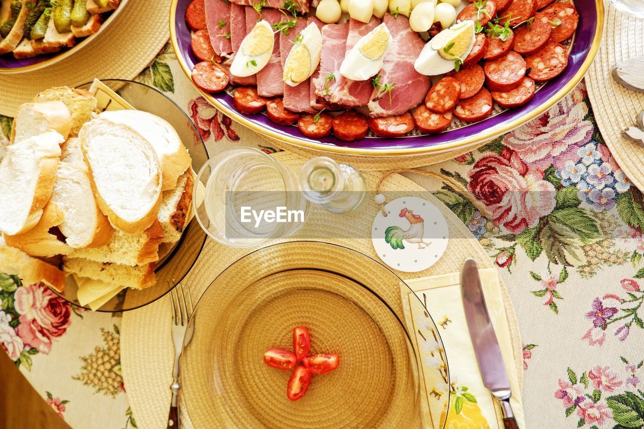 High angle view of easter food  served on table