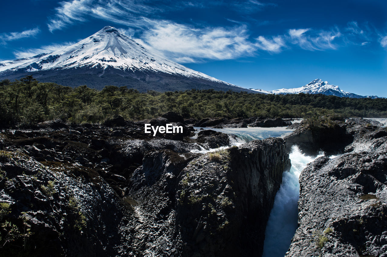 Scenic view of waterfall against snowcapped mountains