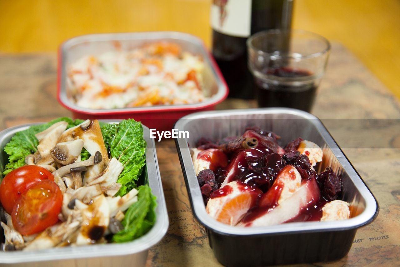 High angle view of food in plate on table