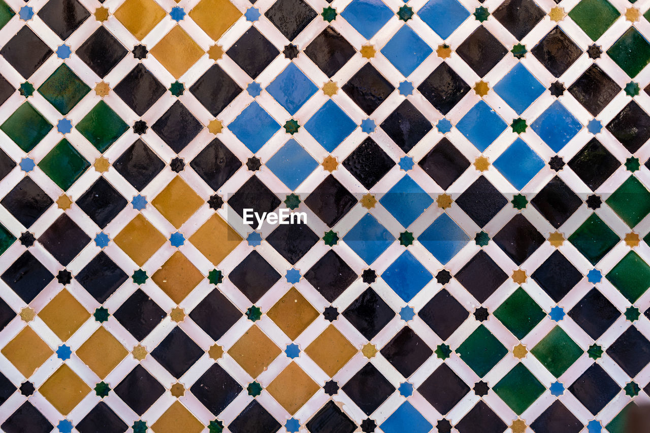 Full frame shot of wall with arabesque style tiled patterns