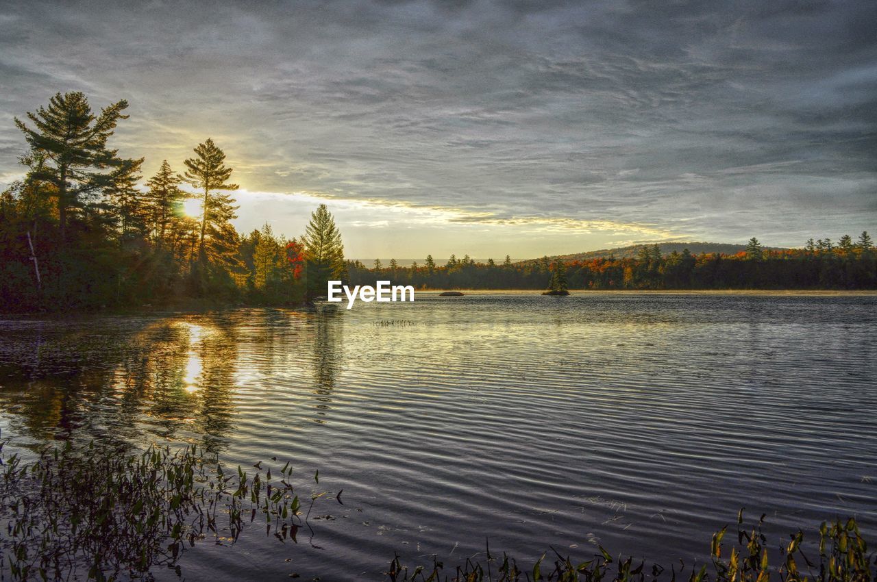 Scenic view of lake against sky at sunset
