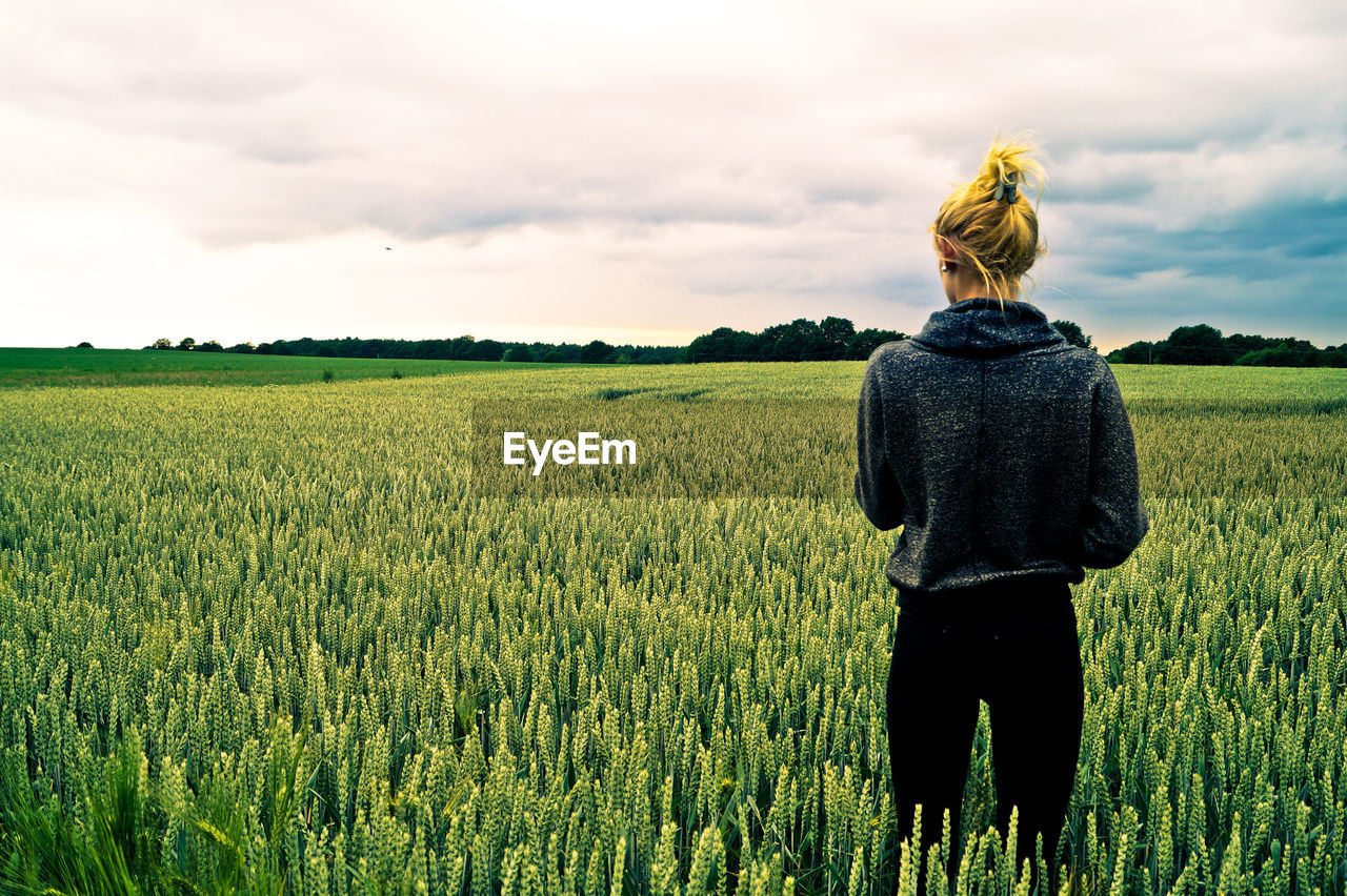 Rear view of young woman standing on wheat field