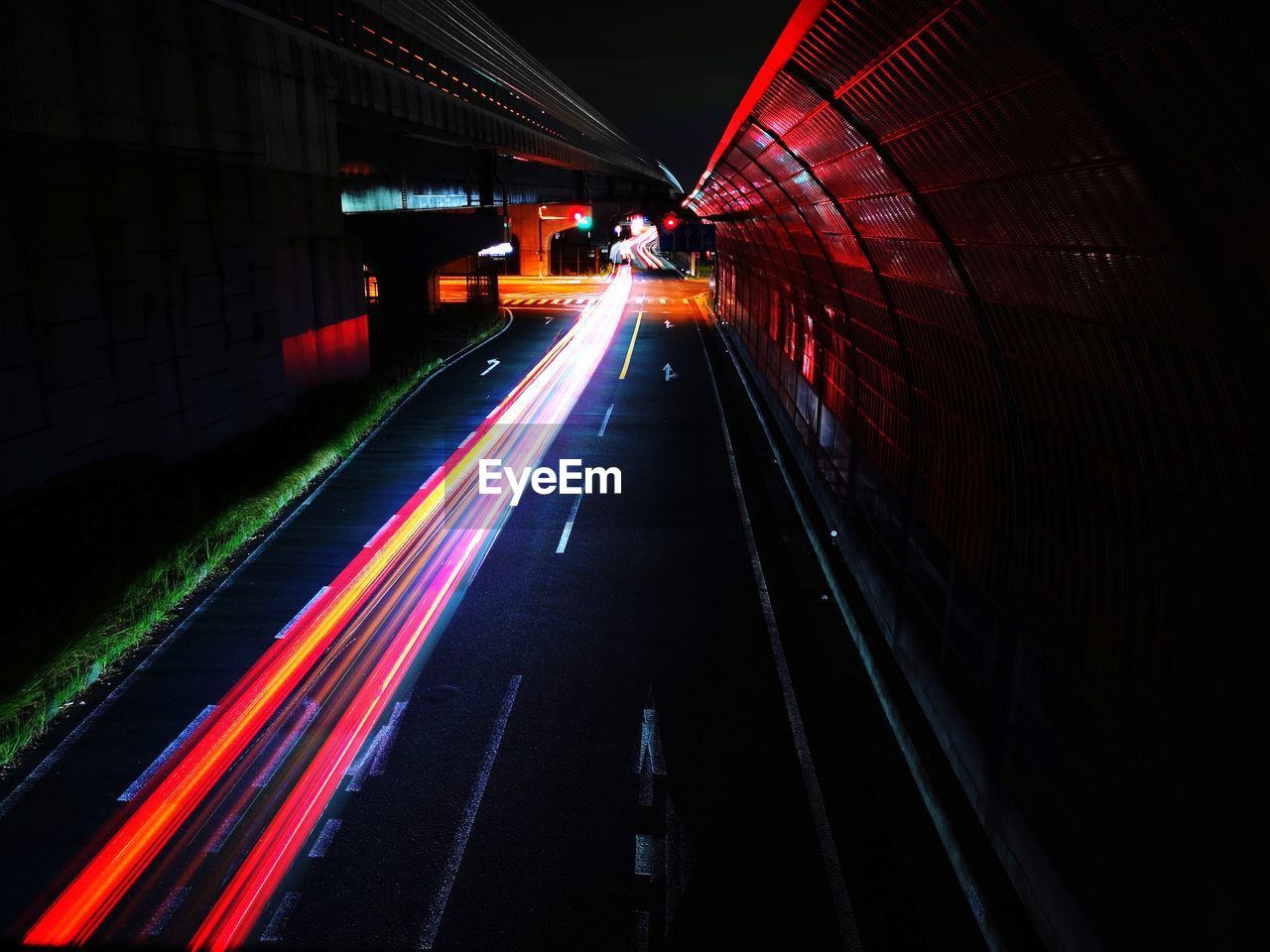 Light trails on road at night