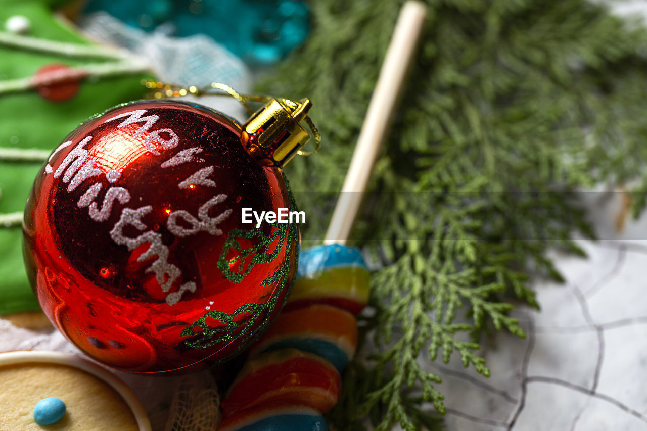 Close-up of christmas decorations on table