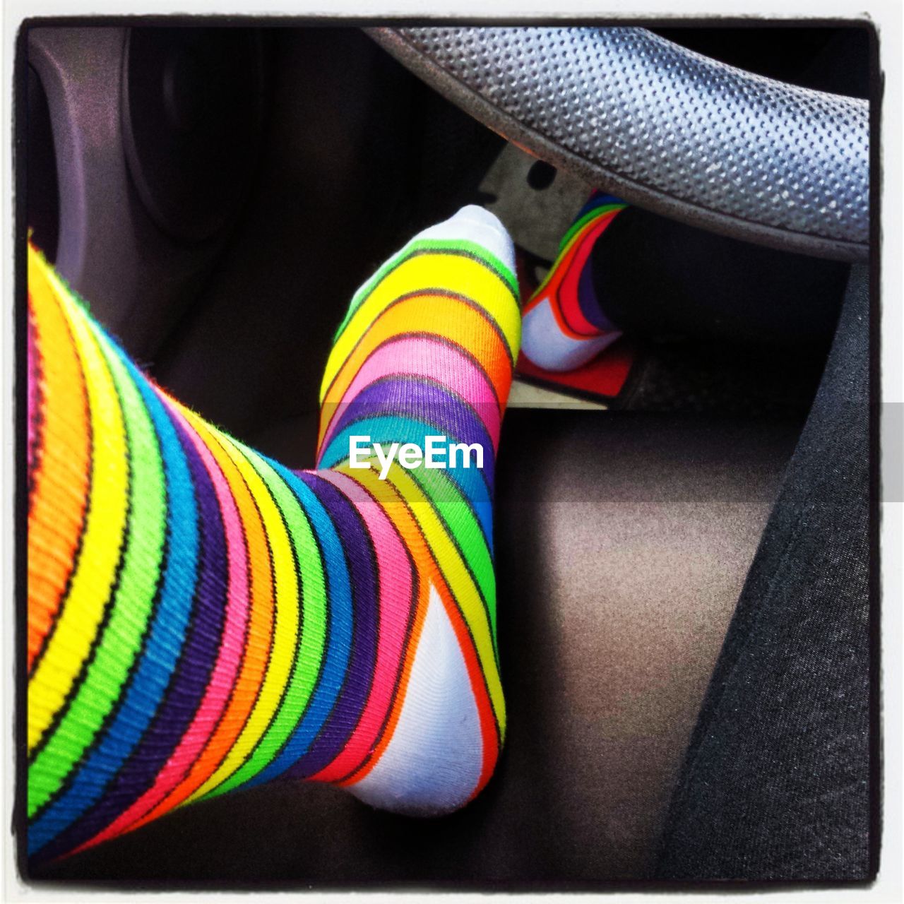 High angle view of multi colored socks in car