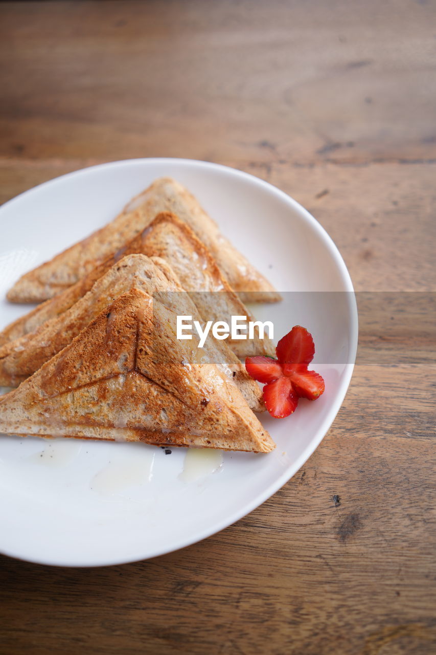 High angle view of breakfast served on table