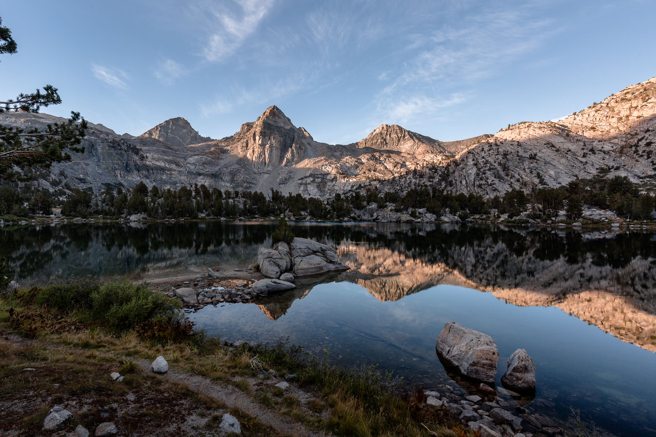 Scenic view of lake and mountains against sky