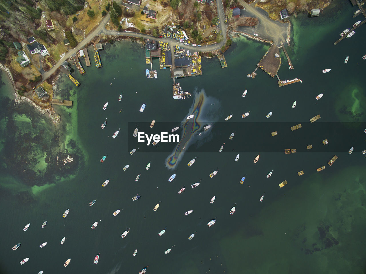 Lobster boats in a maine harbor from above