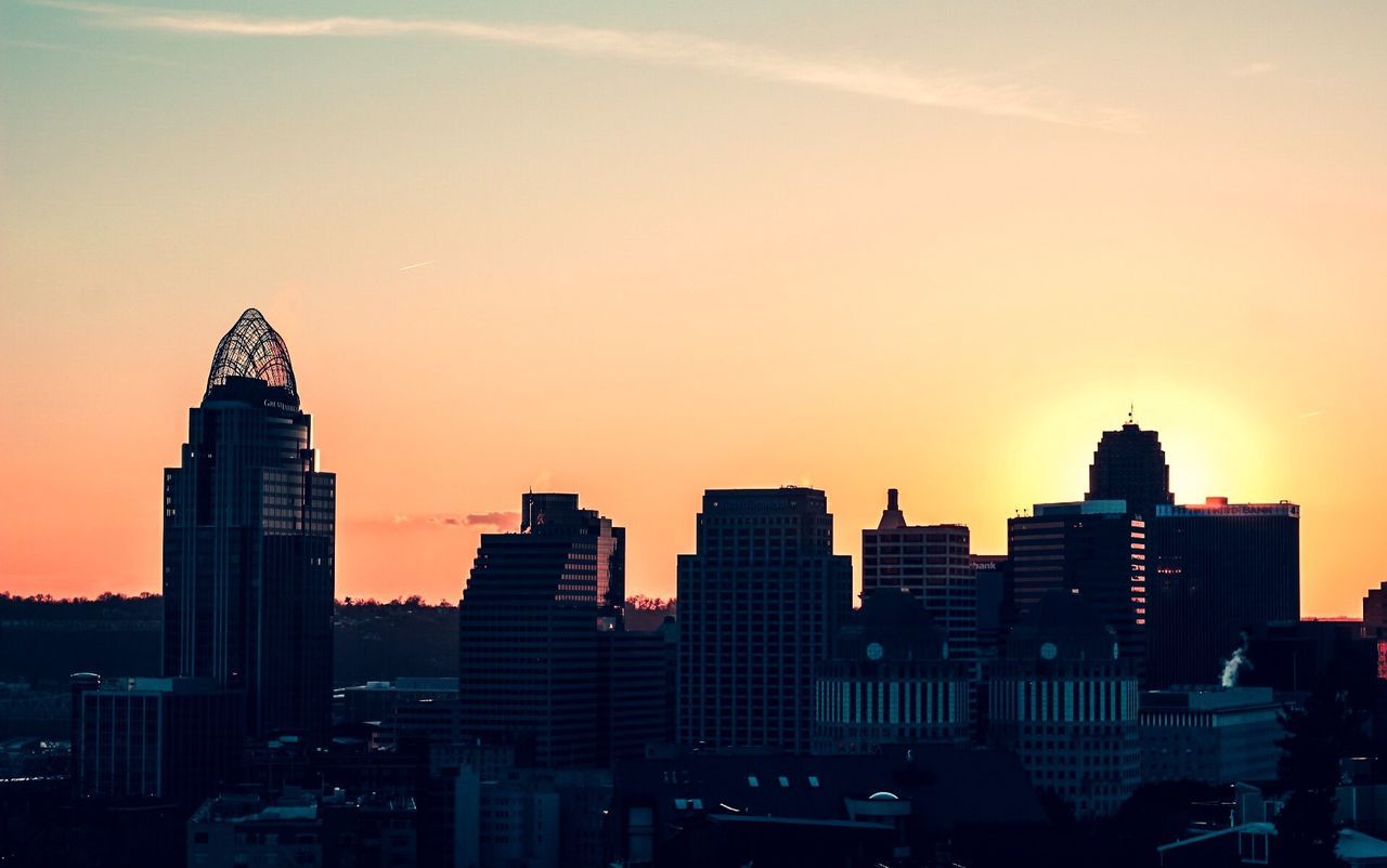 View of skyscrapers at sunset