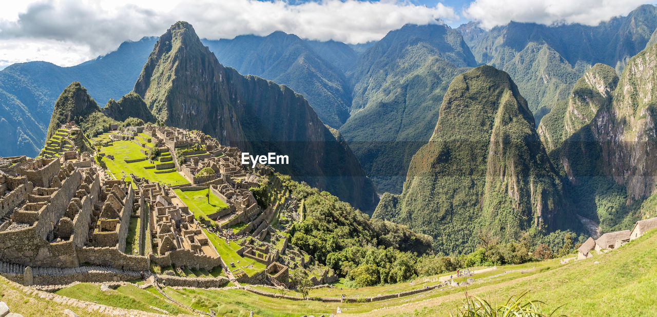 Panoramic view from the top to old inca ruins and wayna picchu, machu picchu, urubamba provnce, peru