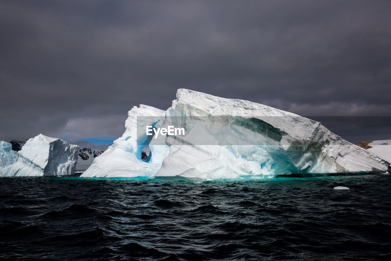 Scenic view of iceberg floating on sea against sky