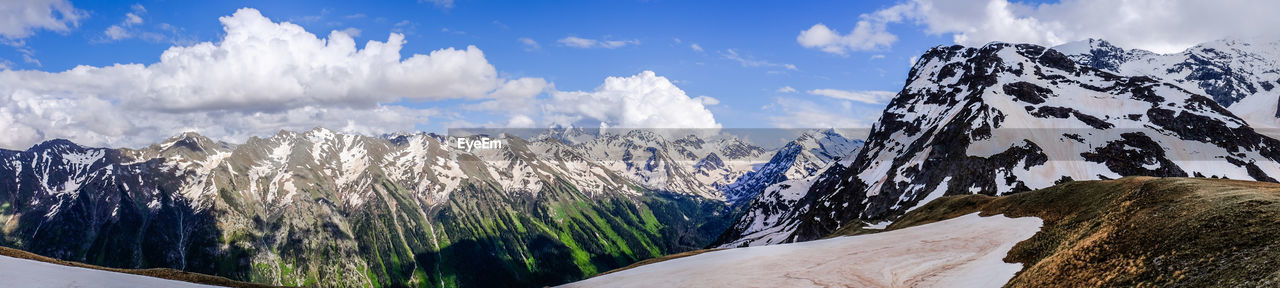 Panoramic view of snowcapped mountains against sky