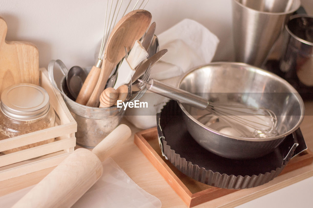Close-up of kitchen utensils at home