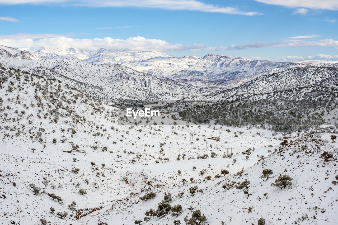 Atlas mountains landscape during winter snow, ouarzazate province, morocco