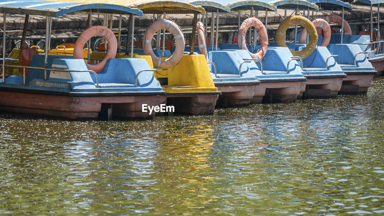 Boats moored on river