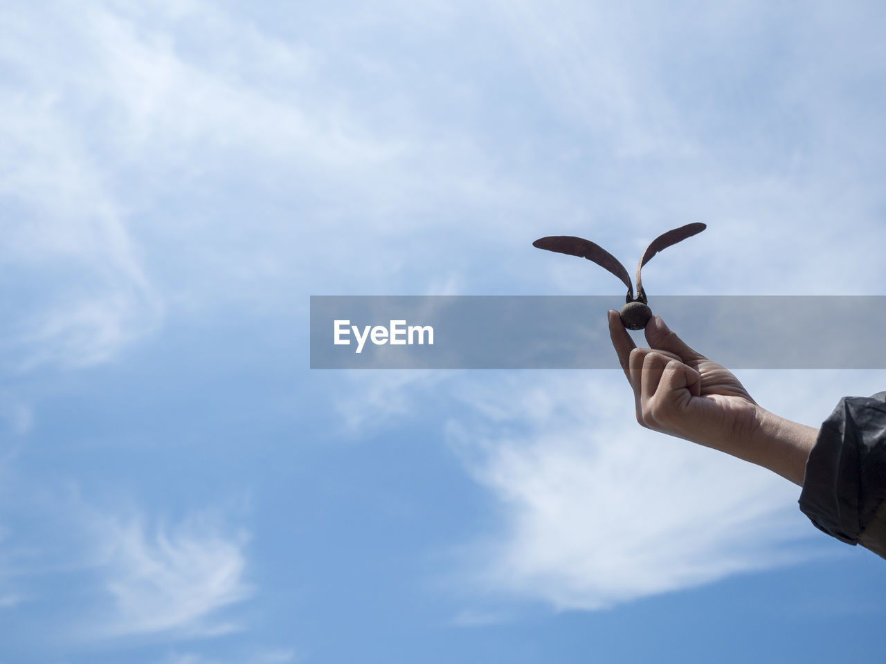 LOW ANGLE VIEW OF PERSON HOLDING HANDS AGAINST SKY