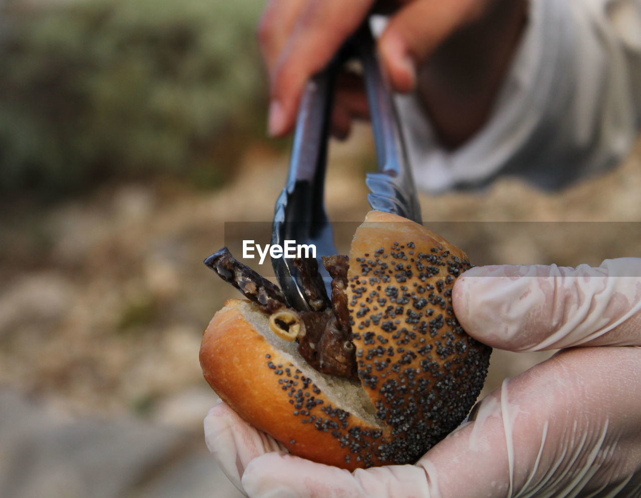 Cropped image of hands holding bun and crab