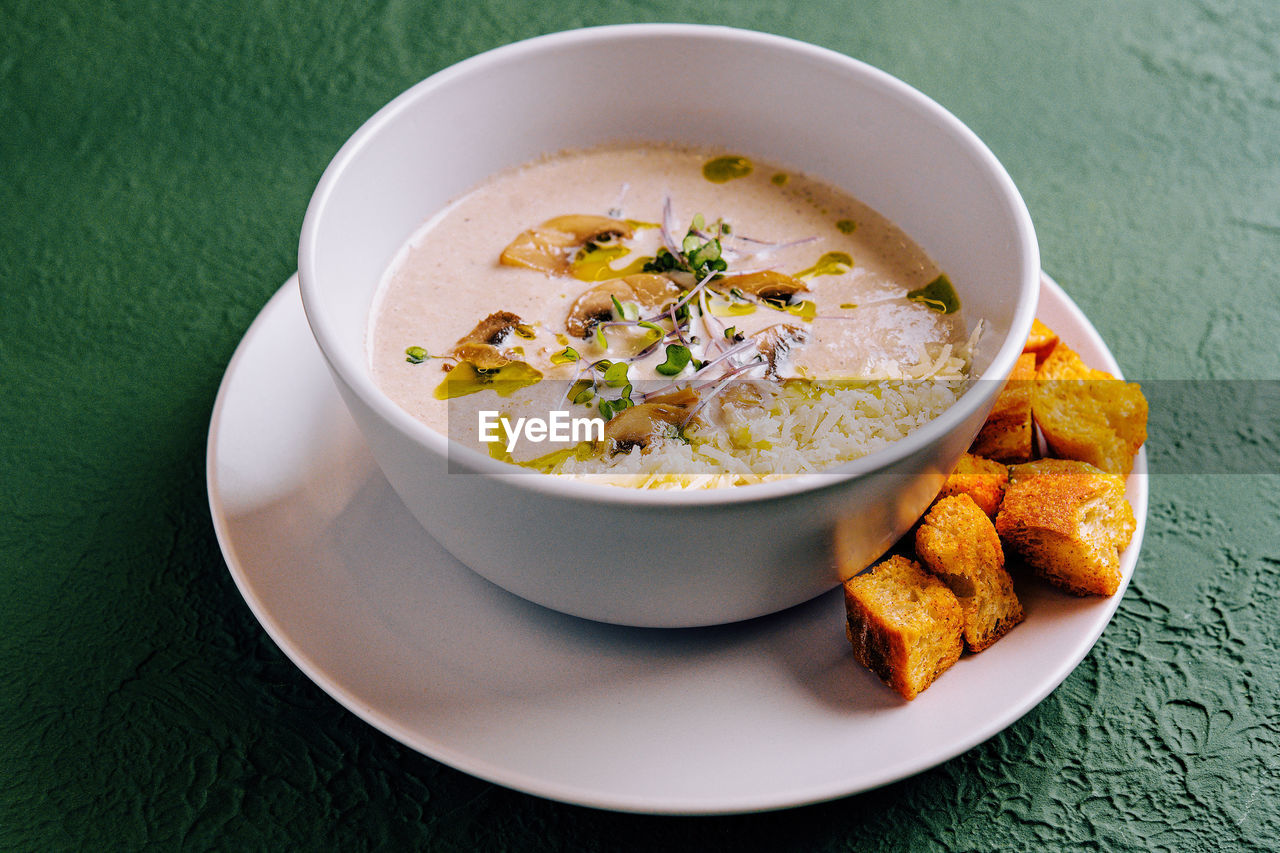 high angle view of soup in plate on table