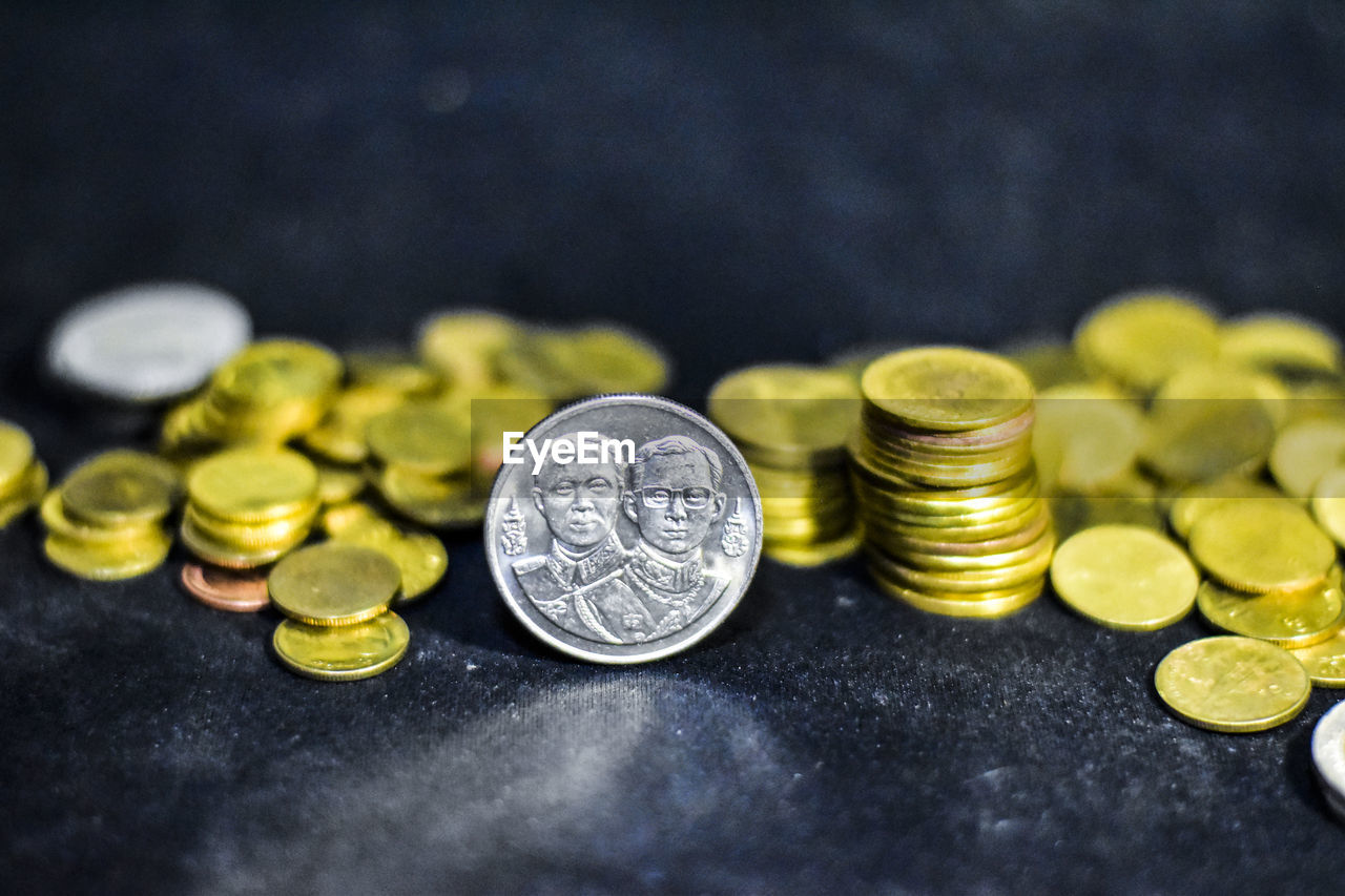 Close-up of coins on table