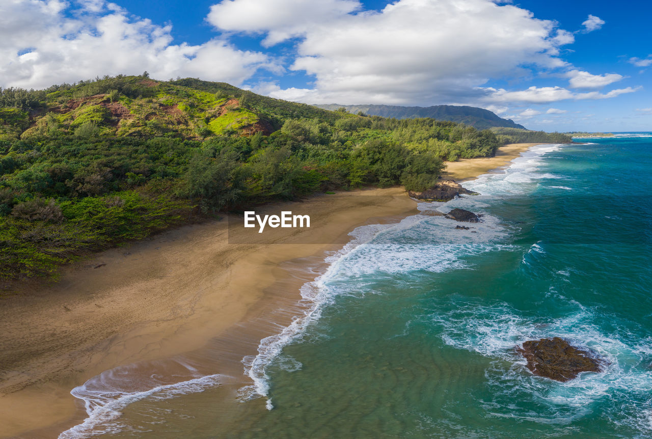 Aerial panoramic image off the coast over lumaha'i beach on hawaiian island of kauai 