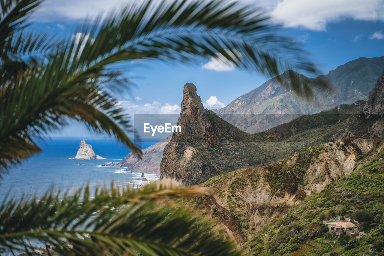 Scenic view of sea and mountains against sky. tenerife anaga. unesco heritage. roque de las animas. 