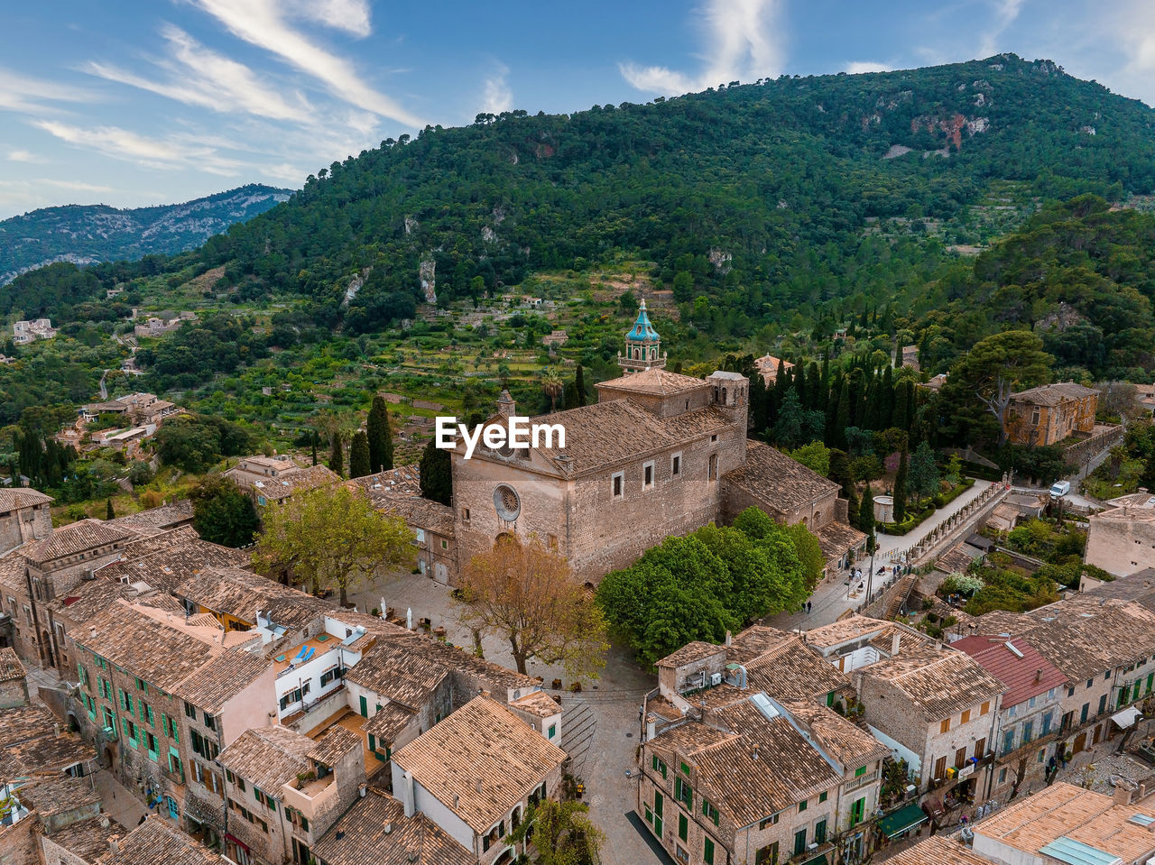 Aerial panoramic view of valdemossa village in mallorka