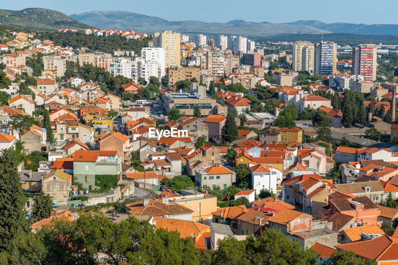 High angle view of buildings in city