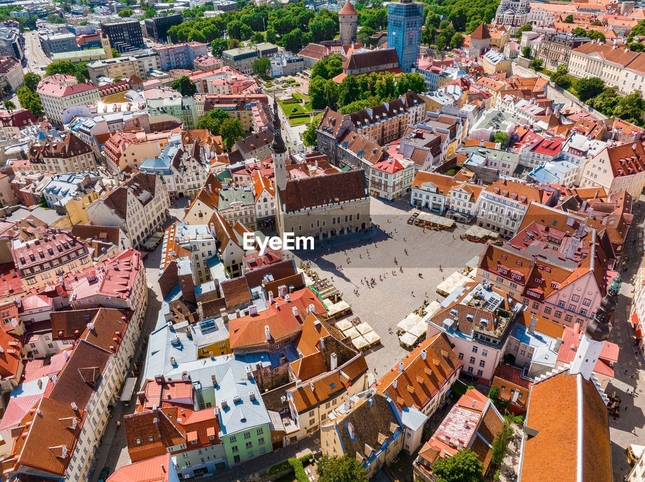 Aerial view of the sunny day during summer time in a beautiful medieval town hall