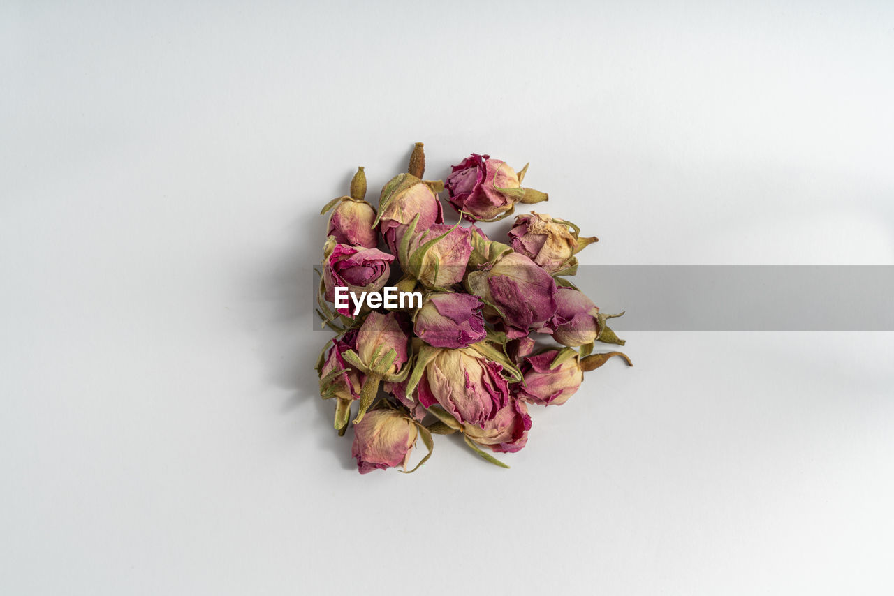 pink, flower, freshness, plant, petal, flowering plant, studio shot, bouquet, indoors, lilac, purple, beauty in nature, no people, food and drink, floristry, still life, nature, white background, cut flowers, copy space, floral design, close-up, food, lavender, arrangement, flower head, violet, fragility, inflorescence, leaf, vegetable