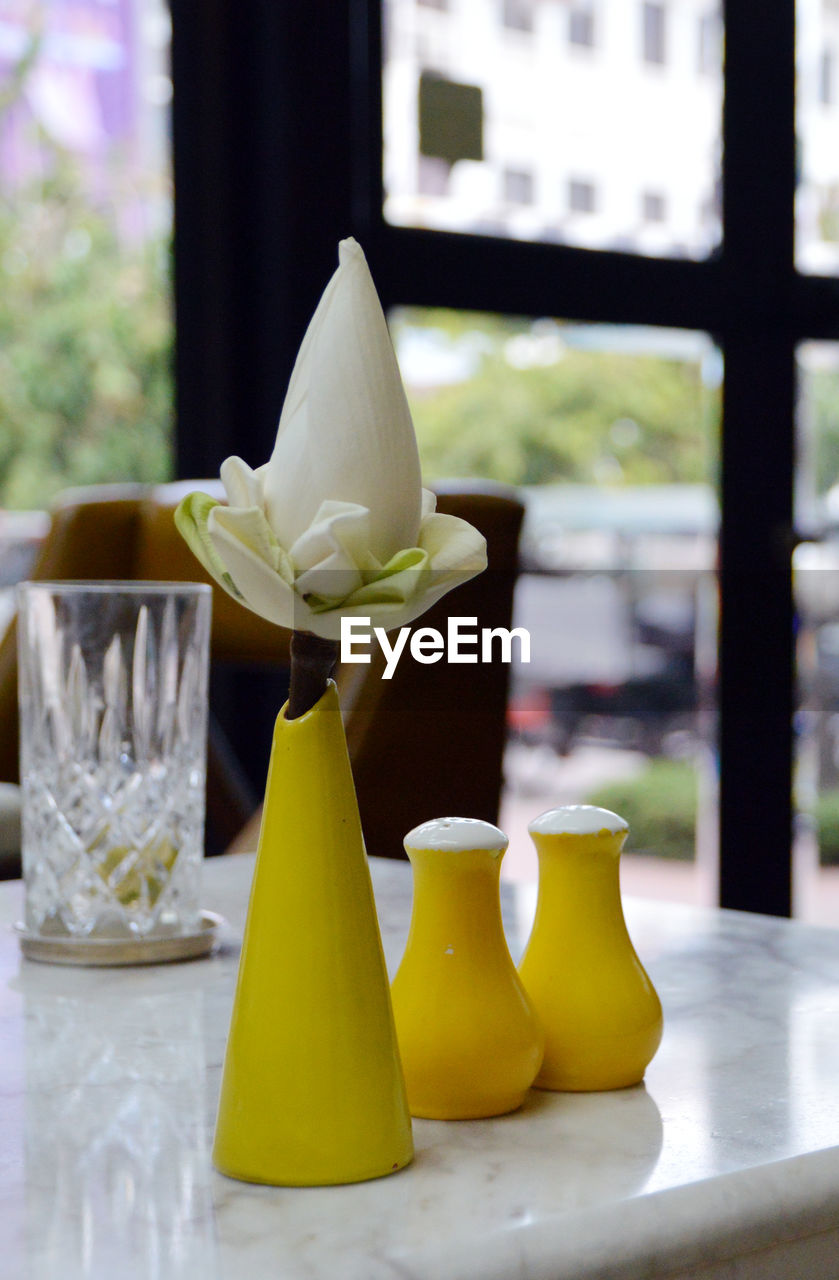 CLOSE-UP OF WHITE FLOWER IN VASE ON TABLE