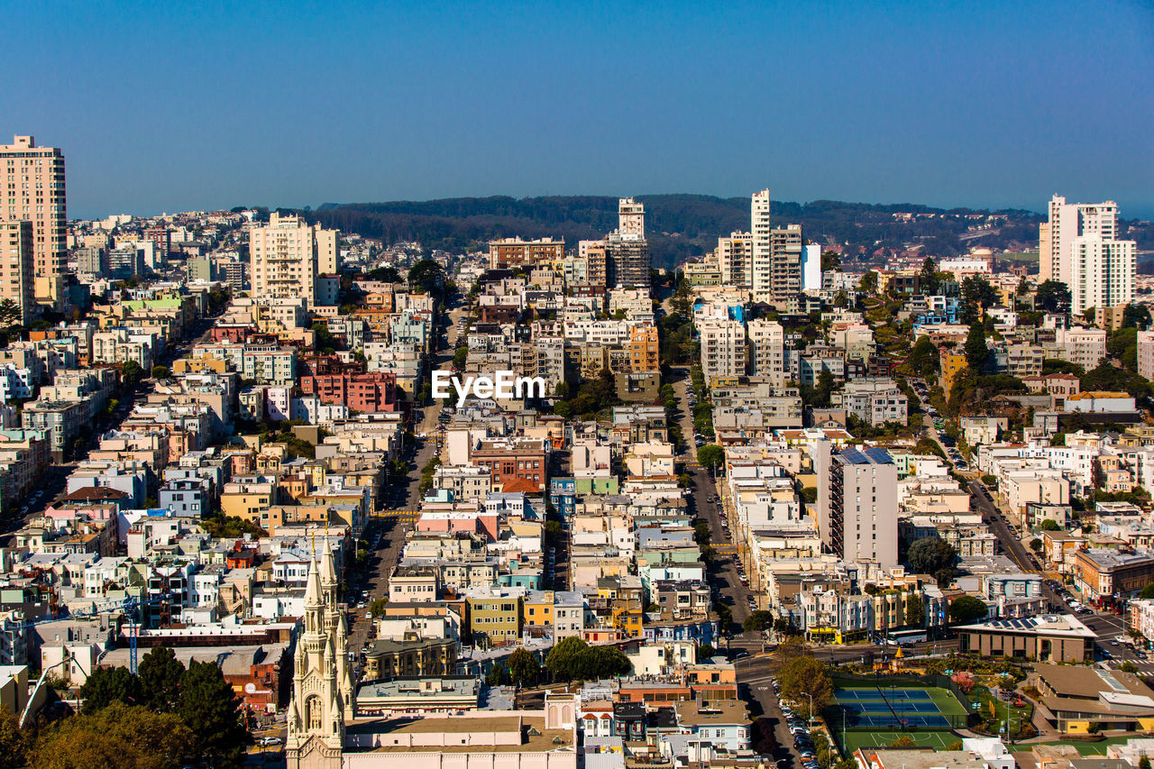 High angle view of townscape against clear sky